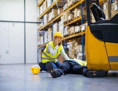 Warehouse workers after an accident in a warehouse.