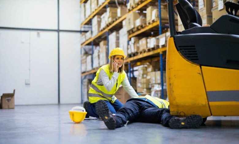 Warehouse workers after an accident in a warehouse.