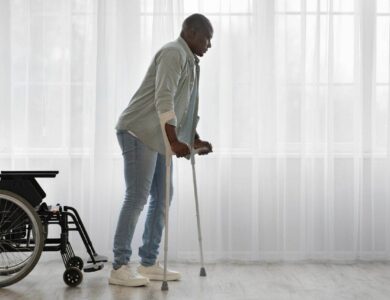 Sports, physiotherapy and patient with leg injury during crutches training