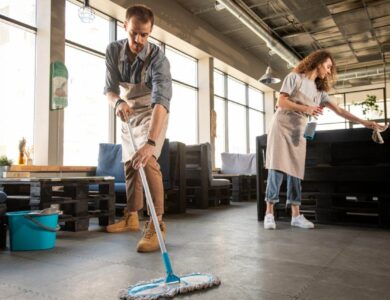 Doing cleaning in cafe