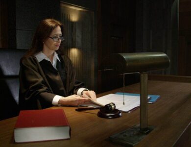 Female judge on the bench in a court room