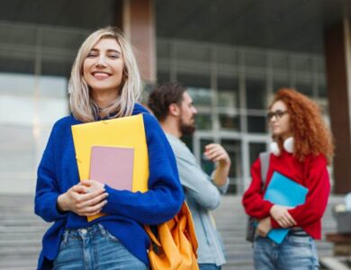 Cheerful young woman applying to university